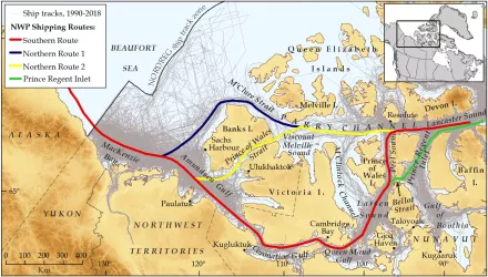 The map shows all ship tracks 1990–2018 (grey lines), and shipping routes (four different line colors) along the Northwest Passage.