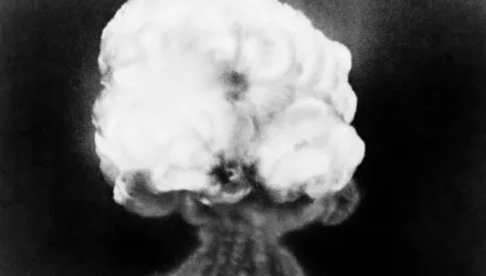 FILE - This July 16, 1945, file photo, shows the mushroom cloud of the first atomic explosion at Trinity Test Site near Alamagordo, N.M. A visit by The head of the National Nuclear Security Administration, Lisa Gordon-Hagerty coincides with the 75th anniversary of the Trinity Test in southern New Mexico, which marked the world's first atomic blast on July 16, 1945. She's scheduled to lead a commemoration Thursday, July 16, 2020, at the historic V-Site at Los Alamos National Laboratory, where early testing a