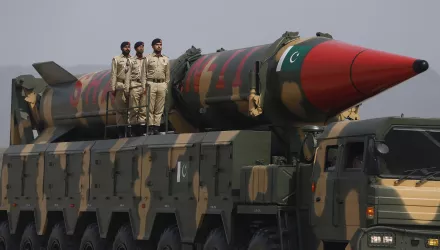 A Pakistani-made Shaheen-III missile is displayed during a military parade to mark Pakistan National Day, in Islamabad, Pakistan, on March 23, 2022. 