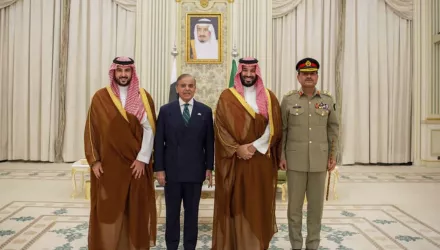In this photo released by Pakistan's Press Information Department, Saudi Arabia's Crown Prince Mohammed bin Salman, second right, Saudi Arabia's Defence Minister Khalid bin Salman, left, Pakistan's Prime Minister Shehbaz Sharif, second left, and Pakistan's Army Chief Field Marshal Asim Munir, pose for photographs after signing a mutual defense pact, in Riyadh, Saudi Arabia, Wednesday, Sept. 17, 2025. (Press Information Department via AP)