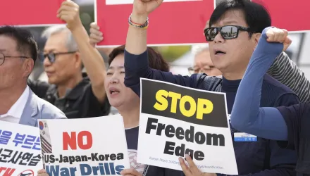 Protesters shout slogans during a press conference to oppose the military exercise called Freedom Edge in Seoul, South Korea, Monday, Sept. 15, 2025.