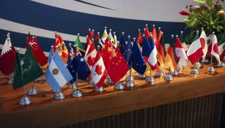 Miniature flags are displayed at the G20 summit in Rio de Janeiro, Brazil, Tuesday, Nov. 19, 2024. (Leah Millis via AP, Pool)