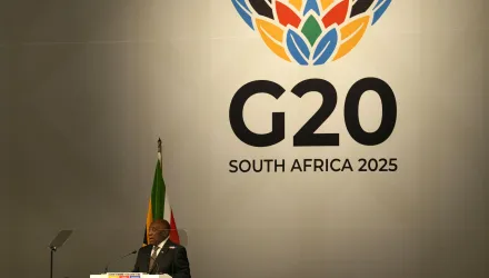 South Africa's President Cyril Ramaphosa addresses delegates at G20 Finance Ministers and Central Bank Governors meeting in Cape Town, South Africa, Wednesday, Feb. 26, 2025. (AP Photo/Nardus Engelbrecht)