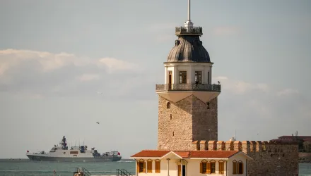 TCG Kinaliada corvette sails during a naval parade on the Bosphorus marking the 487th anniversary of the Preveza naval battle and celebrating the Turkish Naval Forces day, in Istanbul, Turkey, Saturday, Sept. 27, 2025. (AP Photo/Emrah Gurel)