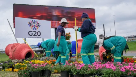 City park employee plant flowers along one of Johannesburg's major highway as a massive cleanup job gets underway in anticipation of the upcoming G20 summit to be held in the South African economic capital, Friday, Nov. 14, 2025. (AP Photo/Jerome Delay)