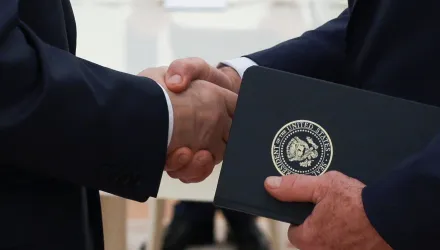 Russian President Vladimir Putin and U.S. President Donald Trump's special envoy Steve Witkoff shakes hands during their meeting at the Kremlin, in Moscow, on Aug. 6, 2025. (Gavriil Grigorov, Sputnik, Kremlin Pool Photo via AP, File)