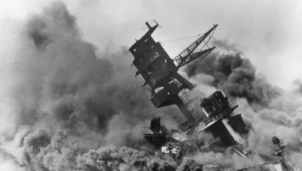 In this Dec. 7, 1941 file photo, smoke rises from the battleship USS Arizona as it sinks during the Japanese attack on Pearl Harbor, Hawaii.
