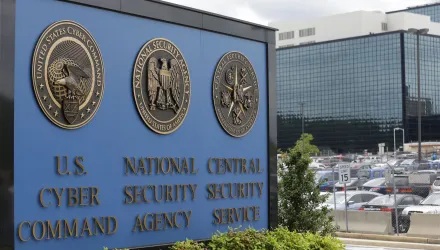 The sign outside the National Security Administration (NSA) campus where U.S. Cyber Command is located in Fort Meade, Md., June 6, 2013. 