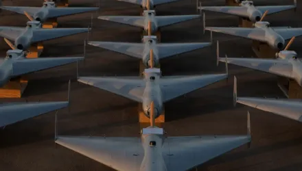 Low-cost Unmanned Combat Attack System (LUCAS) drones are positioned on the tarmac at a base in the U.S. Central Command (CENTCOM) operating area, Nov. 23. The LUCAS platforms are part of a one-way attack drone squadron CENTCOM recently deployed to the Middle East to strengthen regional security and deterrence.