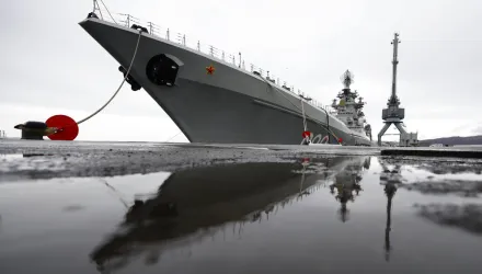 The Northern Fleet's flagship, the Pyotr Veilikiy (Peter the Great) missile cruiser, is seen at its Arctic base of Severomorsk, Russia, Thursday, May 13, 2021.