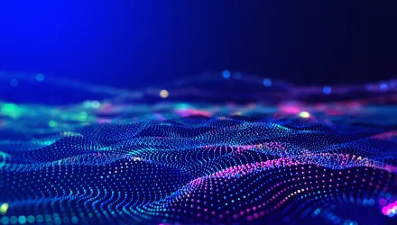 Cyber big data flow. Blockchain data fields. Network line connect stream. Concept of AI technology, digital communication, science research, 3D illustration music waves See Less