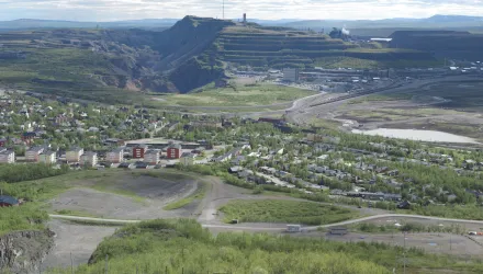 A panorama of Kiruna, Sweden, with Kiruna mine visible in the distance. 
