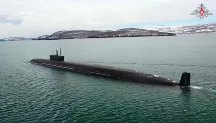 In this image made from video provided by Russian Defense Ministry Press Service on Thursday, May 21, 2026, a Borel-class nuclear submarine is seen during drills of Russia's nuclear forces. 