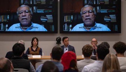 panelists watch pre-recorded video remarks from Khalil Shikaki