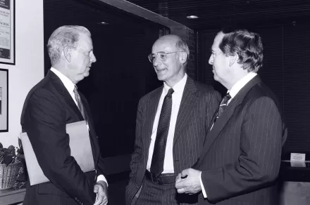 A black and white photo of Joe Nye with Jim Baker and Graham Allison