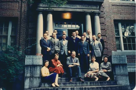 Paul Doty and team outside Wolcott Giles Memorial Laboratory