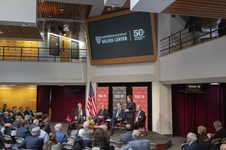 Meghan O'Sullivan speaking on stage at the Belfer Center 50th Reunion Conference