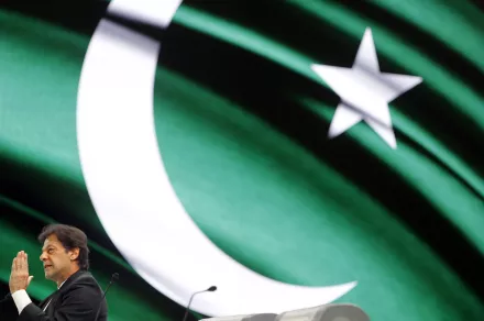 Prime Minister Imran Khan in front of Pakistan's flag