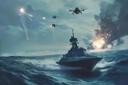 An AI generated image of a drone ship sailing on stormy seas with flying drones and explosions in the sky.