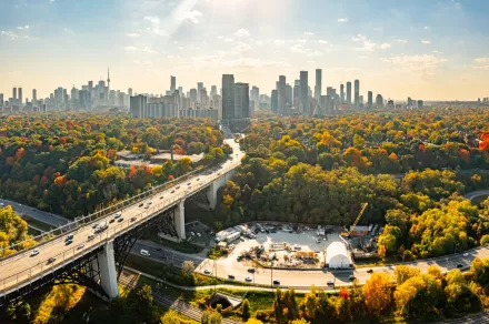 Highway with city in the background.