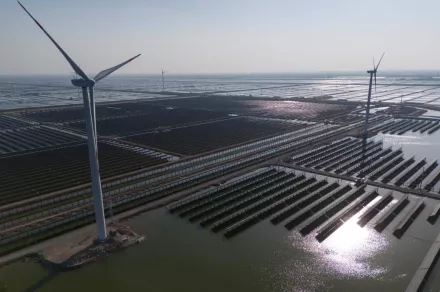 Wind turbines dot the coastline along a giant solar farm