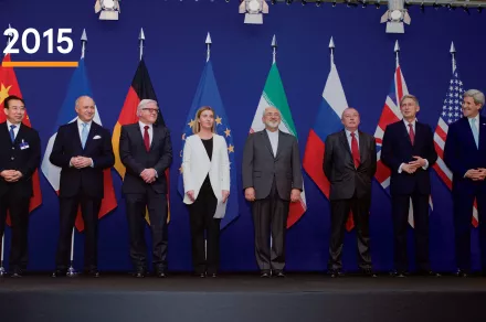 After several years of negotiations, the United States, Russia, China, the United Kingdom, France, and Germany conclude the Joint Comprehensive Plan of Action (JCPOA) with Iran.  Source: U.S. Department of State