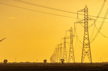 Transmission lines at sunset.