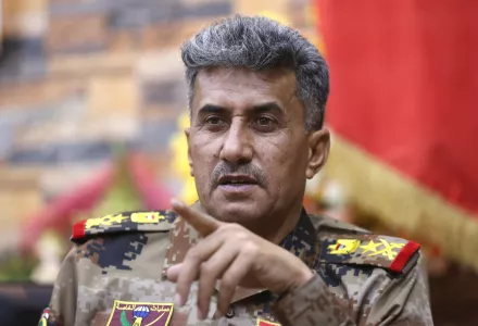 Lt. General Abdul-Wahab al-Saadi, commander for the Iraqi counterterrorism forces' operation to re-take Fallujah from Islamic State militants, speaks at a military camp outside Fallujah, Iraq, Monday, June 27, 2016.