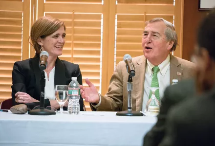 Former U.S. Ambassador to the United Nations Samantha Power, a Belfer Center alumna, discusses her career with Harvard Kennedy School students in a session moderated by Belfer Center Director Graham Allison.