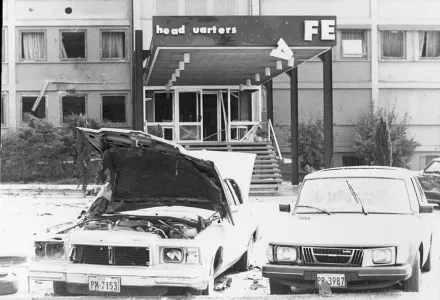 Aftermath of the 1981 Red Army Faction bombing of U.S. Air Forces Europe headquarters at Ramstein Air Base, Germany, August 1981.