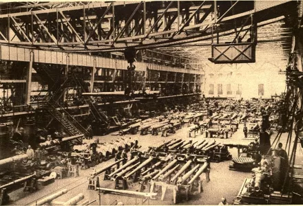Scene in the Krupp Gun Works, where Germany's army and navy guns are manufactured, published in 1915.