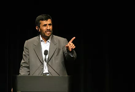 President of Iran, Mahmoud Ahmadinejad makes a public speech at Columbia University in New York City, 24 September 2007.