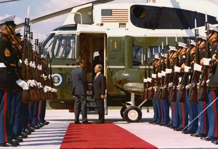 President Richard Nixon Bidding Farewell to South Vietnam's President Nguyen Van Thieu at the Door to the Air Force One Helicopter, Flanked by an Honor Guard on the Helipad of the Western White House, La Casa Pacifica, in San Clemente, California, 3 April 1973