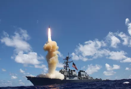The guided-missile destroyer USS Fitzgerald (DDG 62) launches a Standard Missile-3 (SM-3) as part of a joint ballistic missile defense exercise.