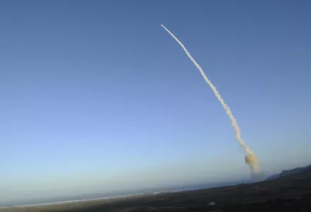 An unarmed LGM-30G Minuteman III intercontinental ballistic missile launches during an operational test at Launch Facility-4 on Vandenberg Air Force Base in California.