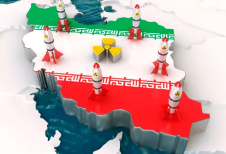 Iran map with borders and neigbors with nuclear missiles and radiation symbol standing on the top.