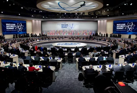 President Barack Obama makes opening remarks to world leaders during the plenary session of the Nuclear Security Summit in Washington, Friday, April 1, 2016.