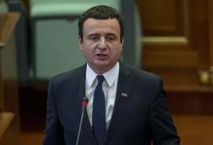 Prime Minister Albin Kurti speaking during a parliament session on Monday, Feb. 3, 2020. 