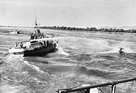 A Soviet ship using a water cannon against a Chinese fisherman on the Ussuri River on May 6, 1969.