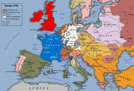 Map of Europe in 1700, based on an image in G. M. Trevelyan's England Under Queen Anne Volume I.