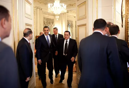 President Barack Obama leaves a meeting with Egyptian President Hosni Mubarak in Cairo, Egypt, June 4, 2009.