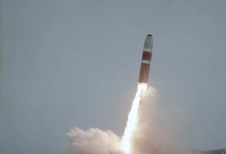 A UGM-96 Trident missile clears the water during the 20th demonstration and shakedown launch from the nuclear-powered strategic missile submarine USS MARIANO G. VALLEJO in 1984.