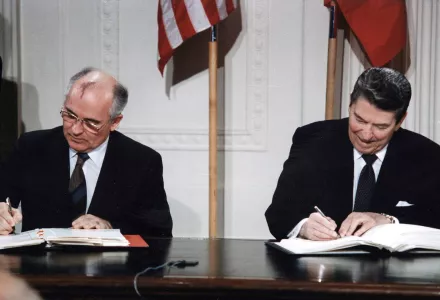 President Ronald Reagan and Soviet Union General Secretary Mikhail Gorbachev sign the Intermediate-Range Nuclear Forces Treaty in the East Room of the White House, Dec. 8, 1987.