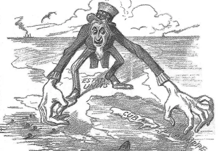 Satiric drawing from the Catalan newspaper "La Campana de Gràcia" in 1896 satirizing the USA's intentions about Cuba. Upper text (not displayed) reads (in old Catalan): "Uncle Sam's craving (by M. Moliné)." Text below (not displayed) reads: "Saving the island so it won't get lost."