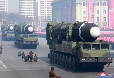 In this Thursday, Feb. 8, 2018, photo provided by the North Korean government, missiles, what North Korea calls their ICBM Hwasong-15, is displayed during a military parade in Pyongyang, North Korea.