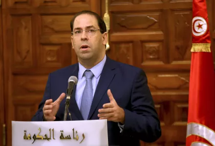 PM Youssef Chahed speaks during a joint press conference with European Commission president Jean-Claude Juncker after their talks in Tunis in October 2018.