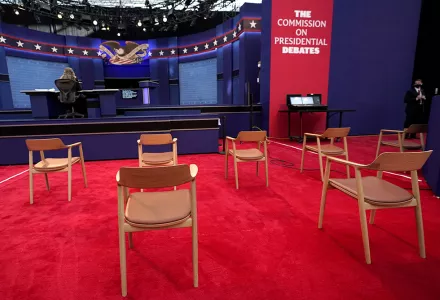 Chairs are seen in social distance spacing ahead of the first presidential debate between Republican candidate President Donald Trump and Democratic candidate former Vice President Joe Biden at the Health Education Campus of Case Western Reserve University, Tuesday, Sept. 29, 2020, in Cleveland. 
