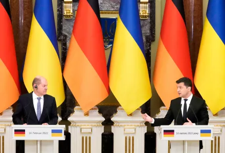 Ukrainian President Volodymyr Zelenskyy, right, and German Chancellor Olaf Scholz attend their joint news conference following talks at The Mariinskyi Palace in Kyiv, Ukraine, Monday, Feb. 14, 2022. German Chancellor Olaf Scholz visited Ukraine as part of a flurry of Western diplomacy aimed at heading off a feared Russian invasion that some warn could be just days away.