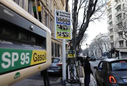 A car stops in a gas station where prices are up to 2,75 euros per liter in Marseille, southern France, Wednesday, March 9, 2022.