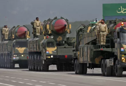 Shaheen-III and Ghauri missiles displayed during a military parade to mark Pakistan's National Day in Islamabad in March 2022